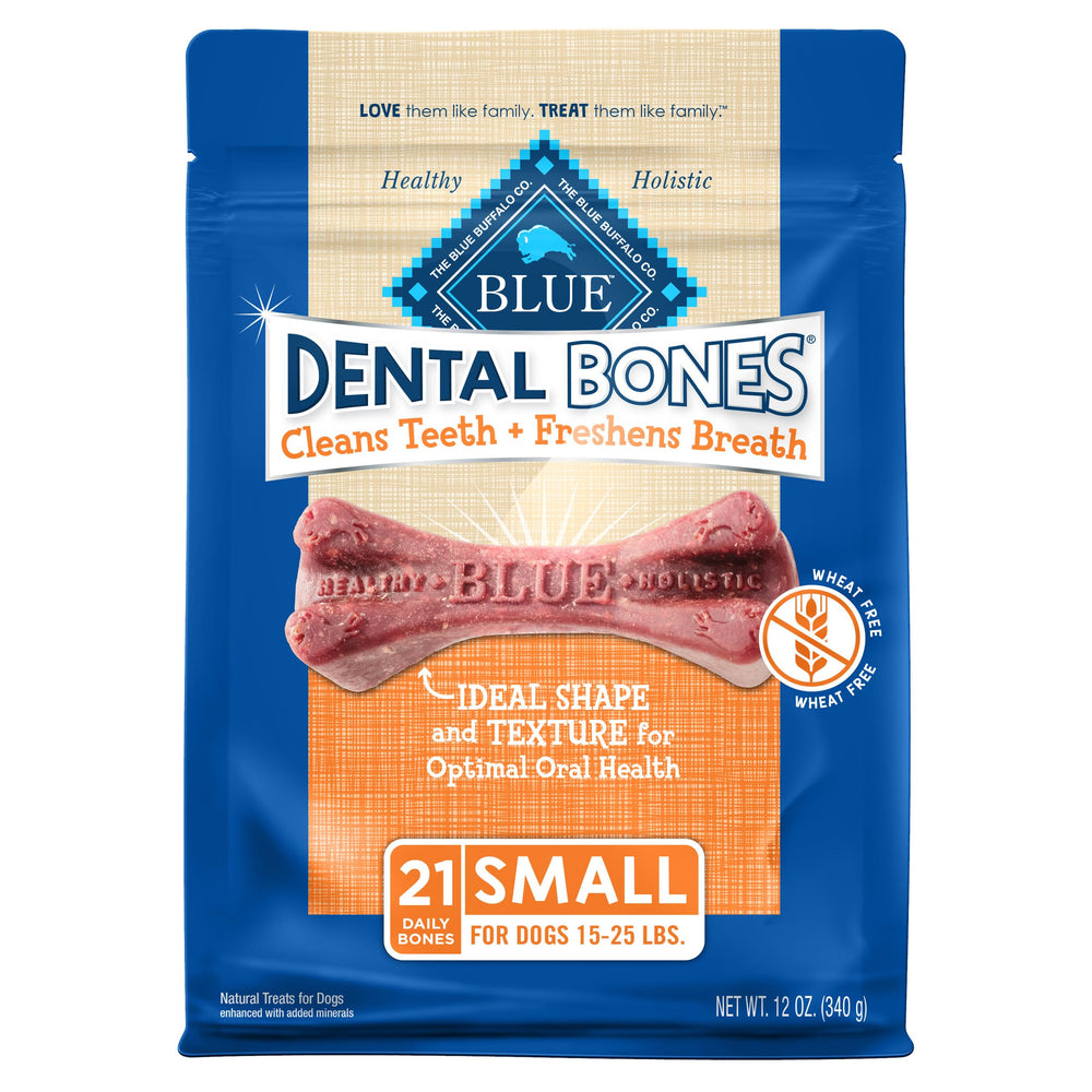 Blue Buffalo Dental Bones small bag front showing tasty chew for cleaner teeth.
