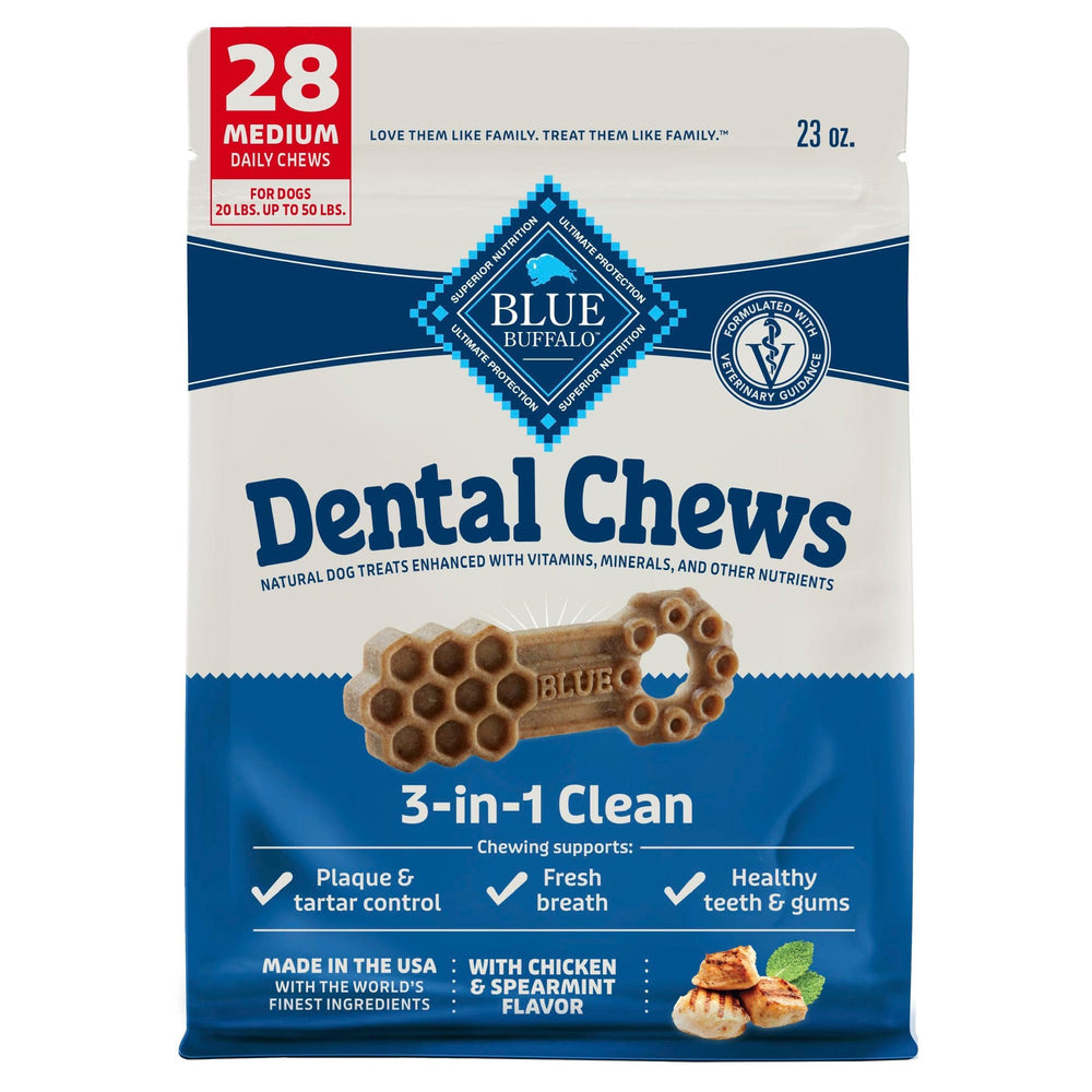 Blue Buffalo Dental Chews medium bag front shows chicken and spearmint for fresher breath.