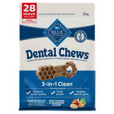 Blue Buffalo Dental Chews medium bag front shows chicken and spearmint for fresher breath.
