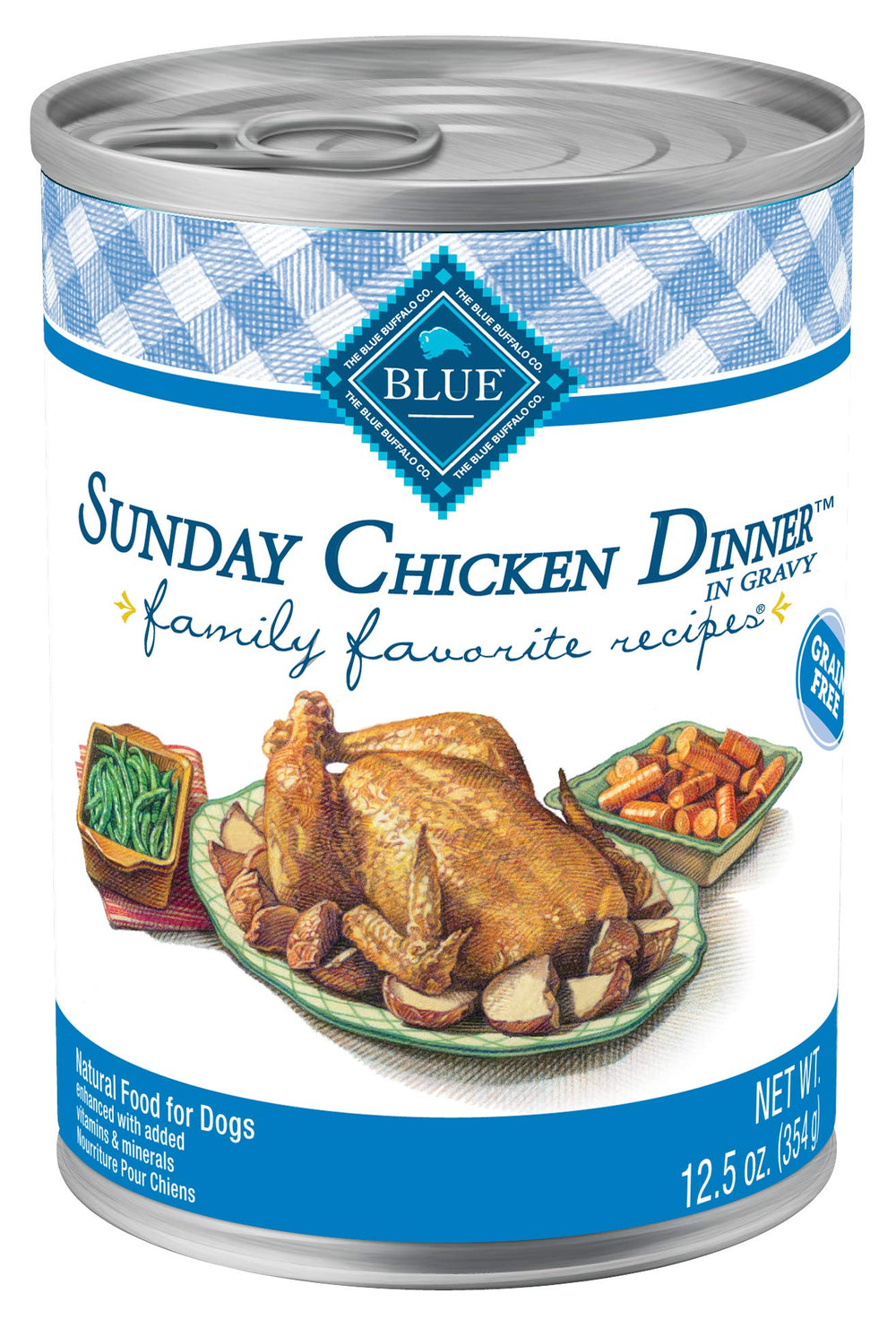Blue Buffalo Family Favorites Sunday Chicken Dinner can showcases real chicken first for savory adult dog meals.