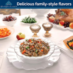 Blue Buffalo Family Favorites Turkey Day Feast gravy bowl highlights real turkey and vegetables.