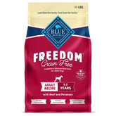 Blue Buffalo Freedom Grain-Free beef dog food bag highlighting beef as first ingredient.