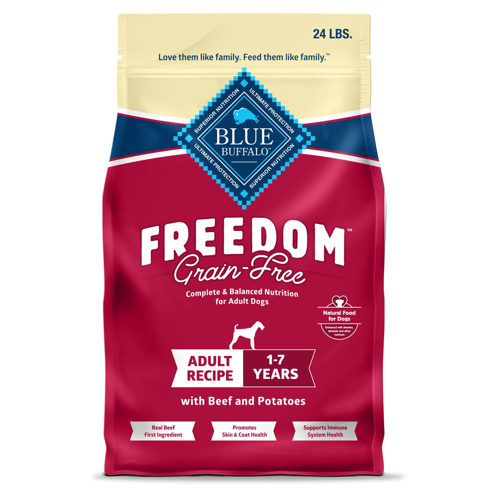 Blue Buffalo Freedom grain-free dog food bag in 24-lb size for adults.