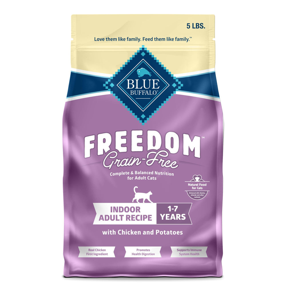 Blue Buffalo Freedom grain-free indoor cat food with real chicken first ingredient for balanced nutrition.