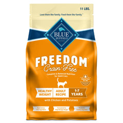 Blue Buffalo Freedom grain-free indoor weight-control bag shows real chicken first ingredient for balanced nutrition.