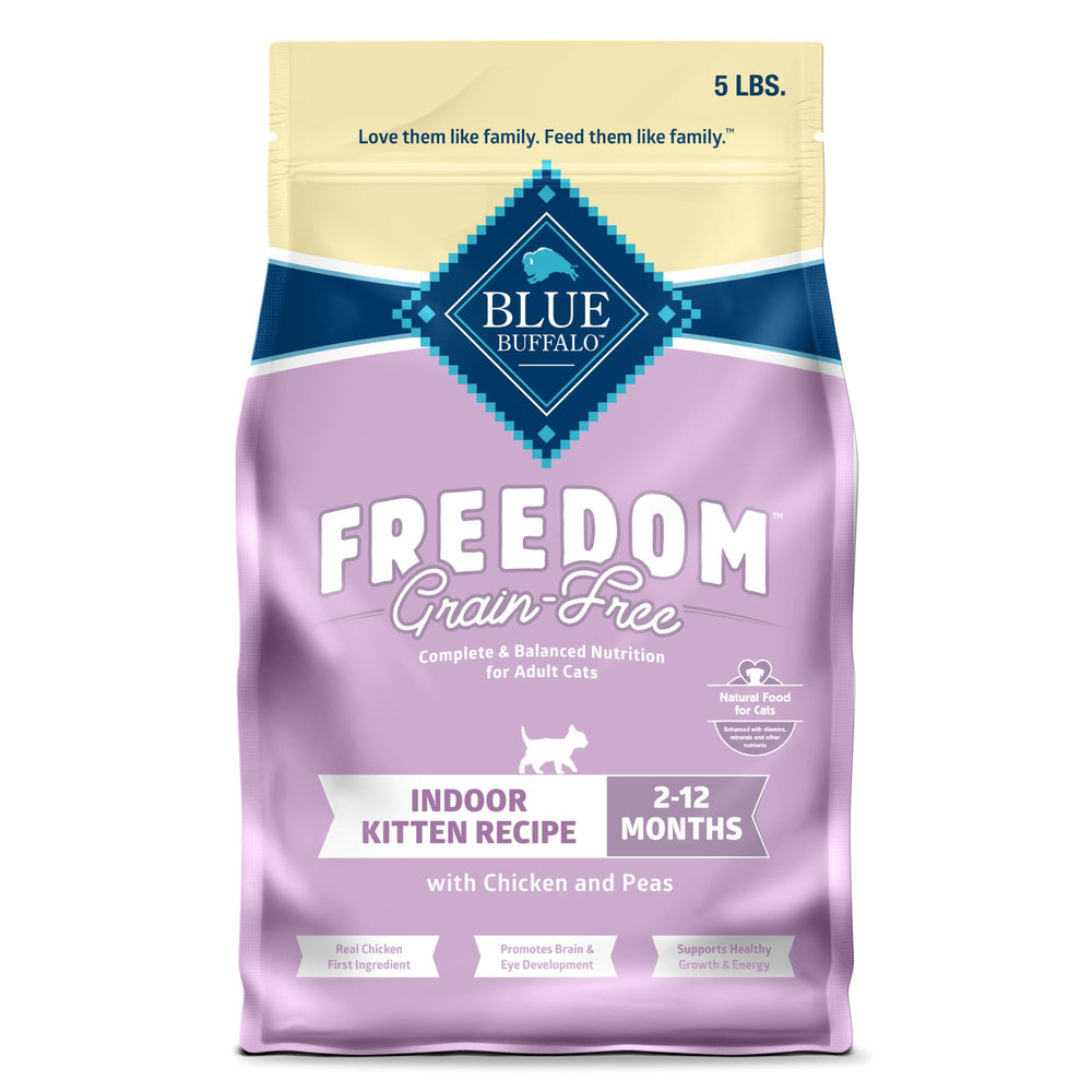 Blue Buffalo Freedom kitten food with real chicken first for balanced nutrition.