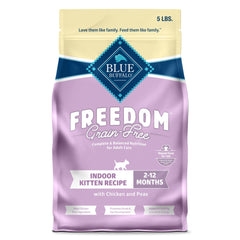 Blue Buffalo Freedom kitten food with real chicken first for balanced nutrition.