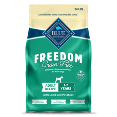 Blue Buffalo Freedom Lamb Grain-Free bag highlighting premium ingredients for adult dogs' coat and digestion