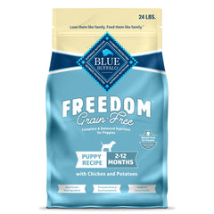 Blue Buffalo Freedom puppy food front bag showing grain-free formula for puppies.