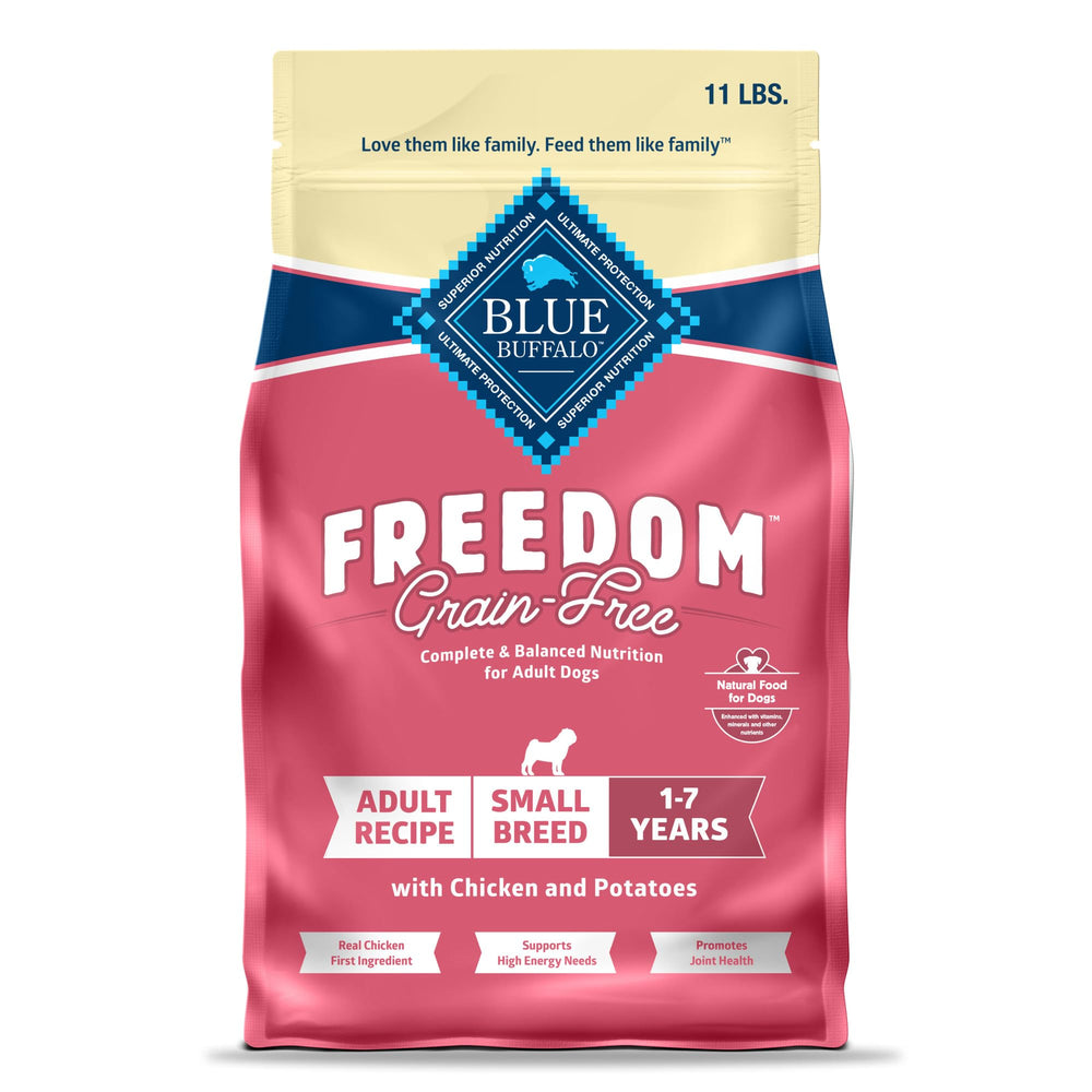 Blue Buffalo Freedom Small Breed Chicken bag highlights real chicken first