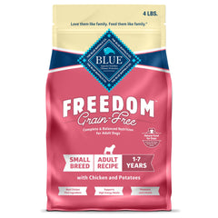 Blue Buffalo Freedom small breed dry food bag front showing real chicken ingredients for energy.