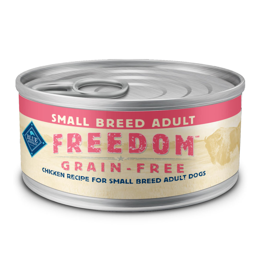 Blue Buffalo Freedom small breed wet food can showing real chicken as first ingredient