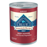 Blue Buffalo Homestyle Beef Dinner can closeup showing protein-rich meal for active dogs