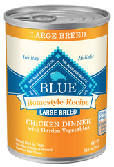 Blue Buffalo Homestyle Large Breed can shows chicken dinner with garden vegetables for a satisfying large dog meal.