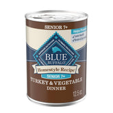 Blue Buffalo Homestyle Senior turkey dinner can shows hearty chunks for aging dogs.