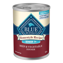 Blue Buffalo Homestyle Senior wet dog food beef dinner with garden vegetables, full can in view.