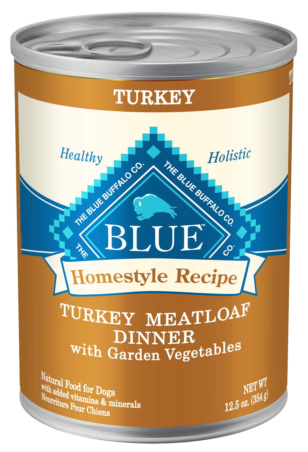 Blue Buffalo Homestyle Turkey Dinner with Garden Vegetables can image shows wholesome nutrition for adult dogs
