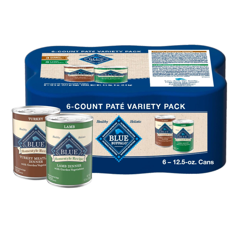 Blue Buffalo Homestyle Variety Pack packaging showing real turkey and lamb dinners for adult dogs