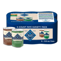 Blue Buffalo Homestyle Variety Pack packaging showing real turkey and lamb dinners for adult dogs
