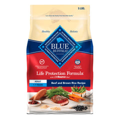 Blue Buffalo Life Protection Beef and Brown Rice bag showing real beef first for muscle support