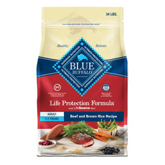 Blue Buffalo Life Protection kibble with beef and brown rice supports muscles.