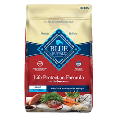 Blue Buffalo Life Protection Formula 30-lb bag showing beef and brown rice.