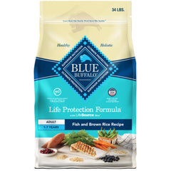 Blue Buffalo Life Protection Formula dog food bag shows real fish first for strong muscles