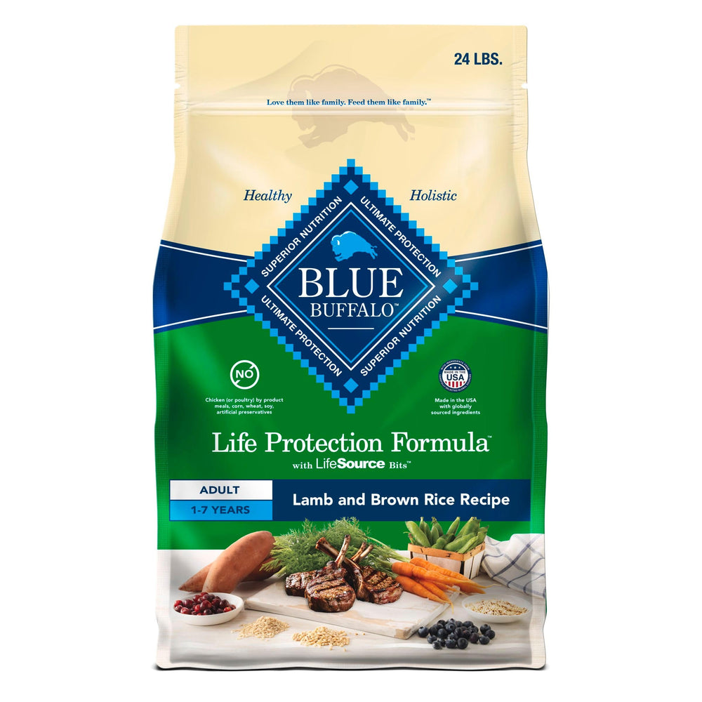 Blue Buffalo Life Protection 24lb bag emphasizes balanced nutrition for adult dogs.