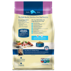 Blue Buffalo Life Protection Large Breed ingredients closeup showing lamb, wholesome grains, and no corn or soy.