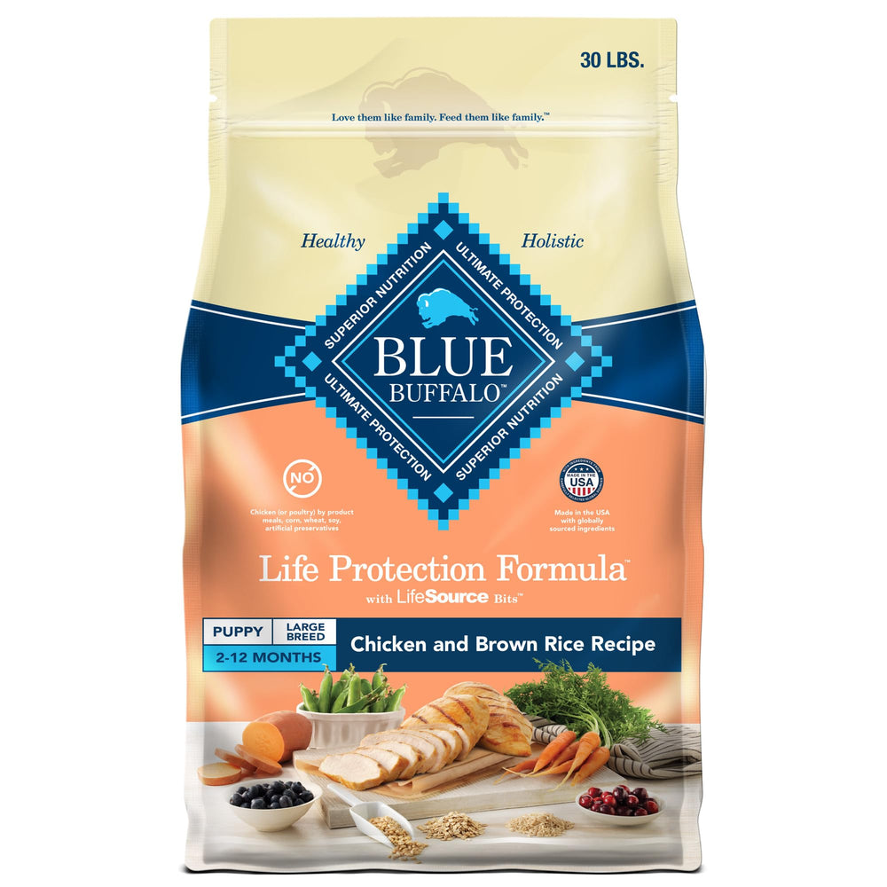 Blue Buffalo Life Protection Large Breed Puppy bag front with real chicken first ingredient for healthy growth.
