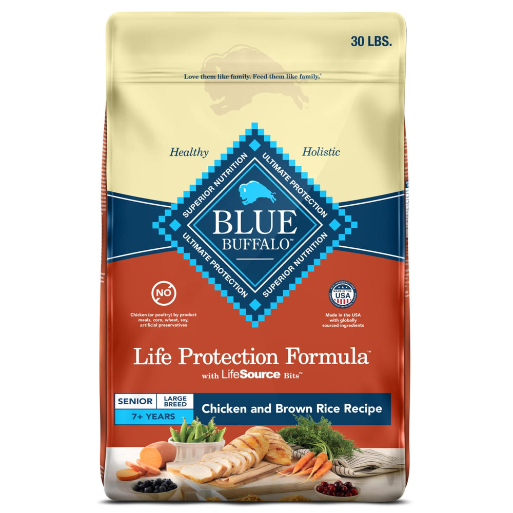 Blue Buffalo Life Protection Formula Large Breed Senior dry dog food bag with real chicken as first ingredient