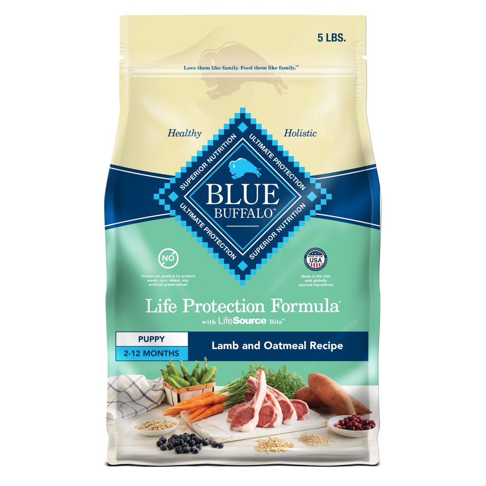 Blue Buffalo Life Protection Puppy Lamb & Oatmeal bag with real lamb first for flavorful protein.