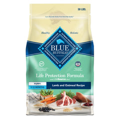 Blue Buffalo Life Protection Puppy Lamb & Oatmeal bag front shows real lamb first for growth