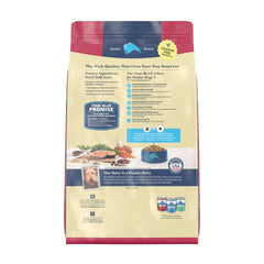 Blue Buffalo Life Protection Senior 7+ chicken-free formula bowl highlights poultry-free nutrition