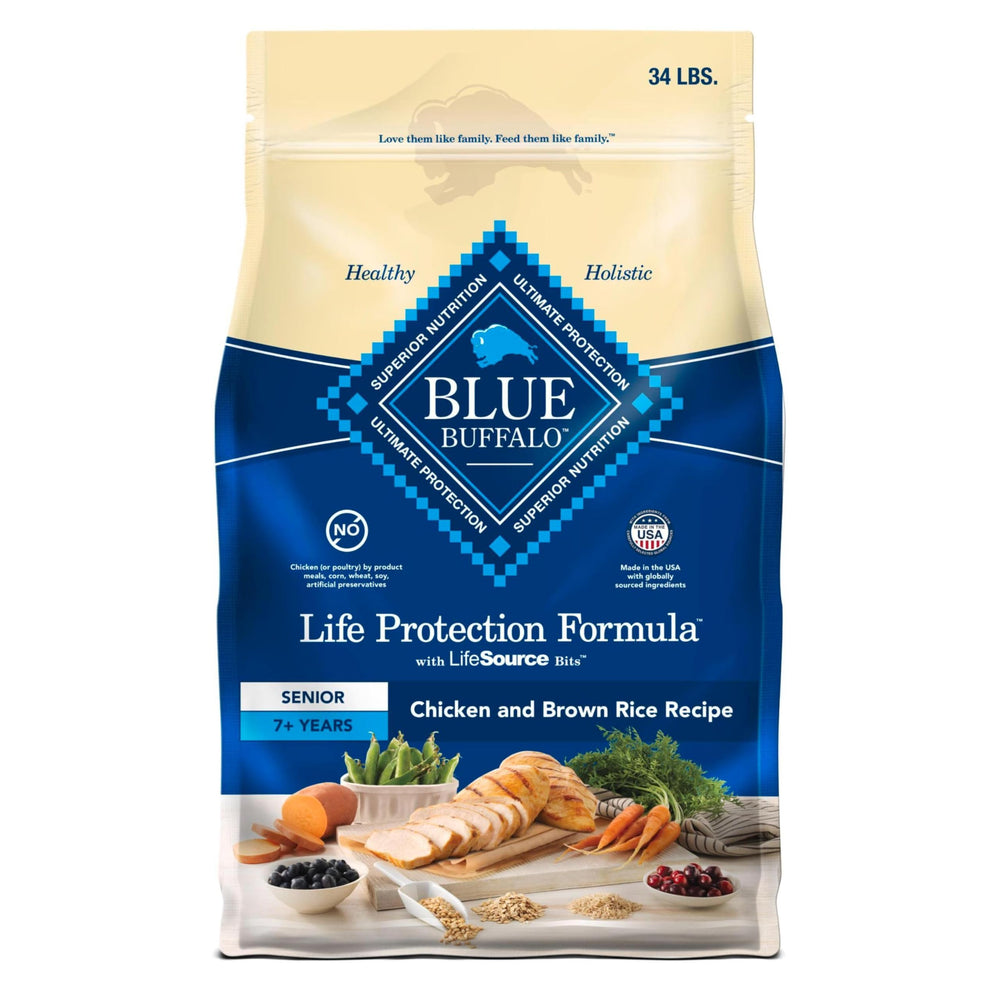 Blue Buffalo Life Protection Senior bag front highlighting real chicken and mobility support for older dogs.