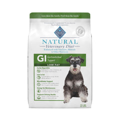 Blue Buffalo GI Low Fat dog food bag highlighting prescribed GI care.