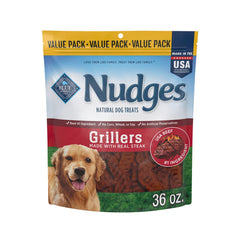 Blue Buffalo Nudges Grillers steak bag showing real USA beef as first ingredient.