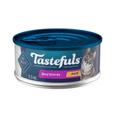 Blue Buffalo Tastefuls Beef Pate cans front, highlighting high-moisture hydration for cats.