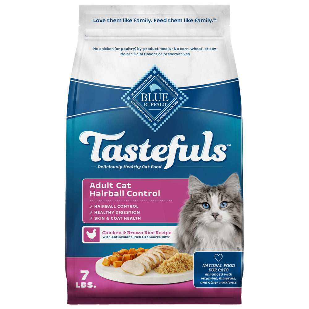 Blue Buffalo Tastefuls hairball control 7-lb bag showing kibble for digestion