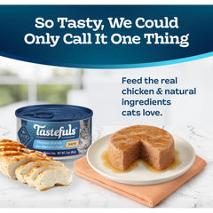 Blue Buffalo Tastefuls high-moisture image emphasizes hydration-friendly wet food for mature cats.