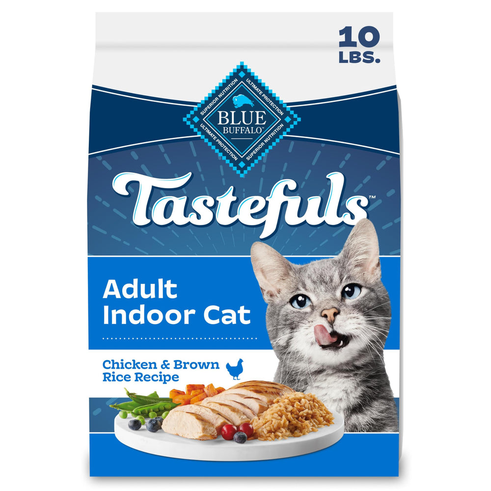 Blue Buffalo Tastefuls Indoor Cat front bag shows real chicken, supports digestion for indoor cats.