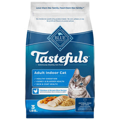 Blue Buffalo Tastefuls Indoor Dry Cat Food shows real chicken first ingredient for palatability.
