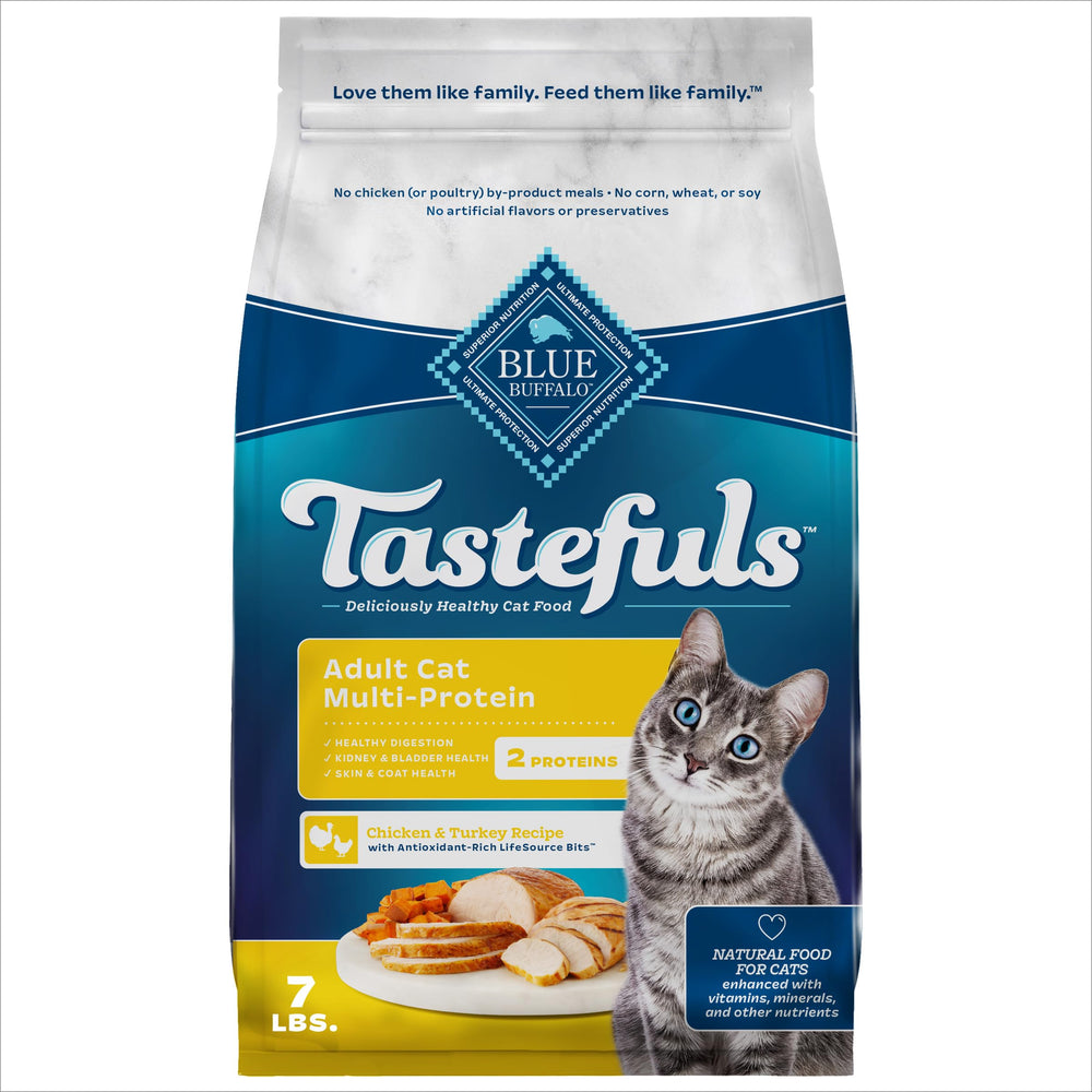 Blue Buffalo Tastefuls multi-protein cat kibble bag front featuring two premium proteins.