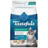Blue Buffalo Tastefuls 15lb bag front packaging featuring multi-protein chicken and turkey for flavor variety.