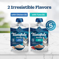 Blue Buffalo Tastefuls Purées chicken pouch highlighting real chicken flavor.