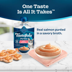 Tastefuls Purées Salmon served atop cat food bowl for meals