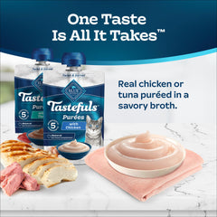 Blue Buffalo Tastefuls Purées tuna pouch highlighting real tuna aroma.