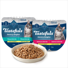 Blue Buffalo Tastefuls Salmon Tray 2.6 oz with gravy to entice picky eaters.