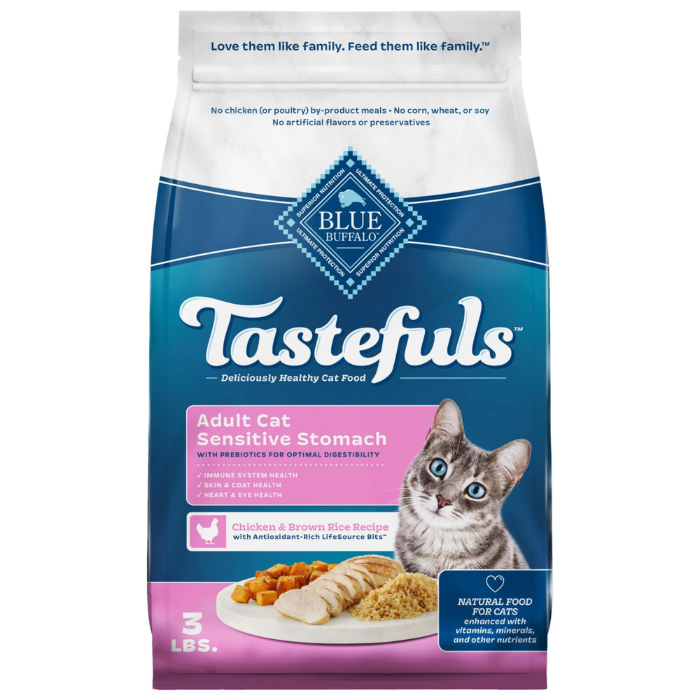 Blue Buffalo Tastefuls sensitive stomach formula with real chicken first for gentle digestion in adult cats.
