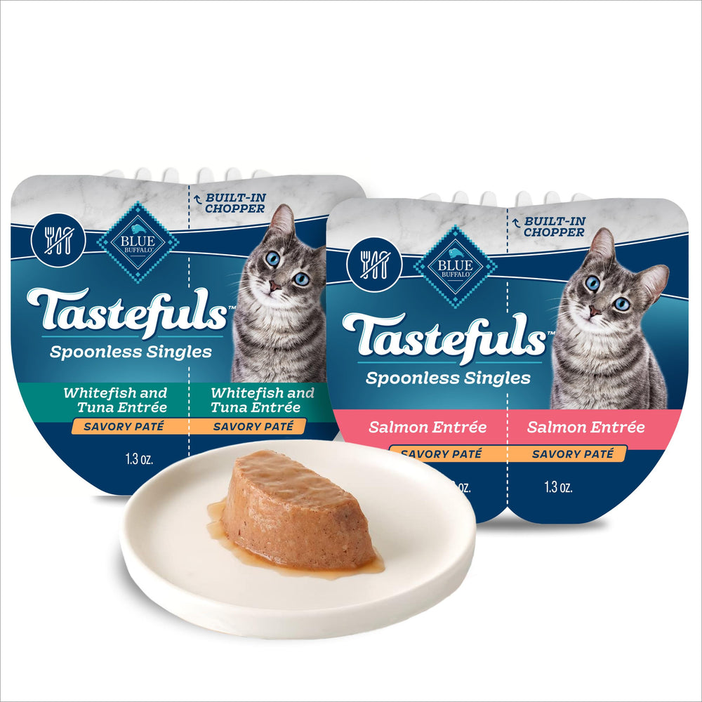 Blue Buffalo Tastefuls Spoonless Singles cups with whitefish and tuna for easy, palatable meals.